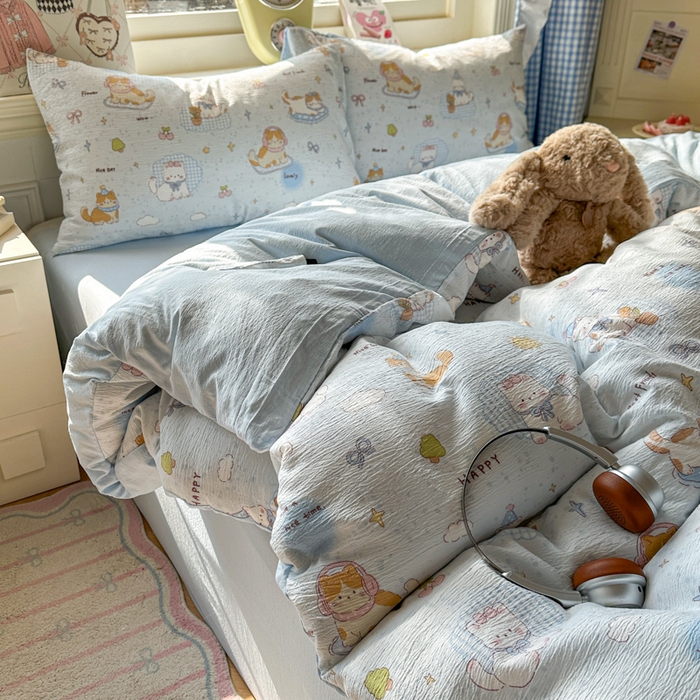 91家纺网 家纺一手货源 找家纺 柒月家居 2026新款云感皱皱纱小清新木棉四件套 萌宠宝贝