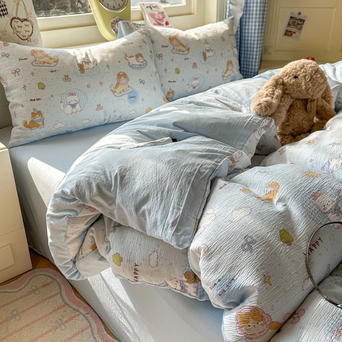 91家纺网 家纺一手货源 找家纺 柒月家居 2026新款云感皱皱纱小清新木棉四件套 萌宠宝贝