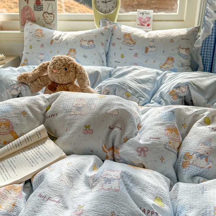 91家纺网 家纺一手货源 找家纺 柒月家居 2026新款云感皱皱纱小清新木棉四件套 萌宠宝贝