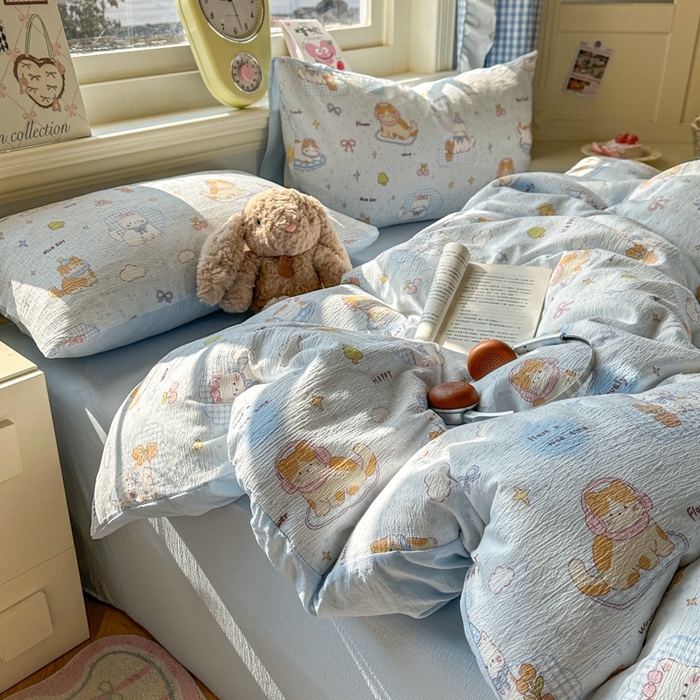 91家纺网 家纺一手货源 找家纺 柒月家居 2026新款云感皱皱纱小清新木棉四件套 萌宠宝贝