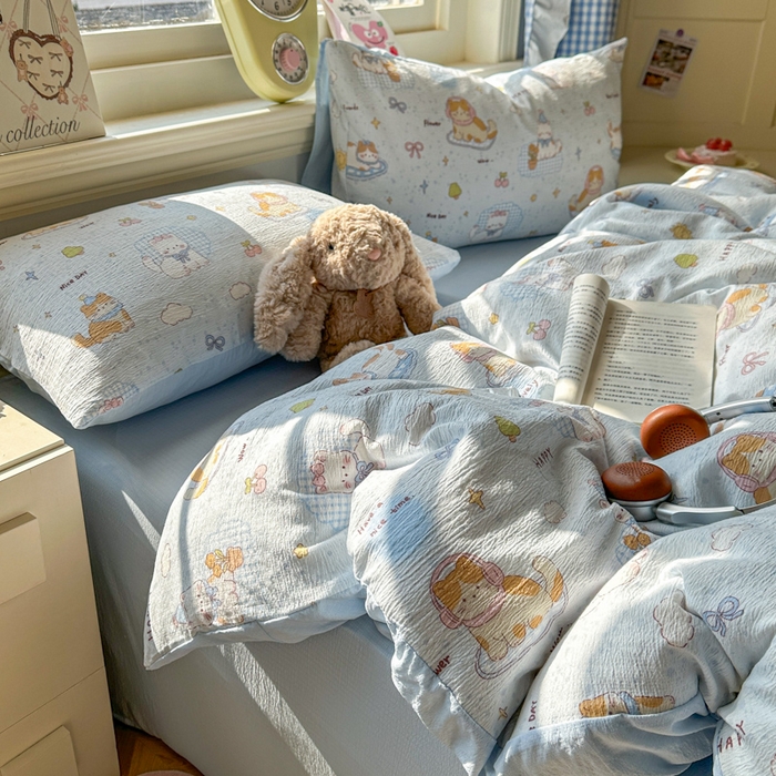 91家纺网 家纺一手货源 找家纺 柒月家居 2026新款云感皱皱纱小清新木棉四件套 萌宠宝贝