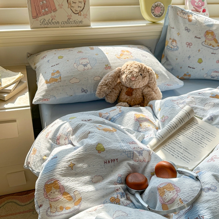 91家纺网 家纺一手货源 找家纺 柒月家居 2026新款云感皱皱纱小清新木棉四件套 萌宠宝贝