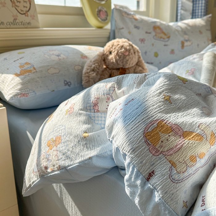 91家纺网 家纺一手货源 找家纺 柒月家居 2026新款云感皱皱纱小清新木棉四件套 萌宠宝贝