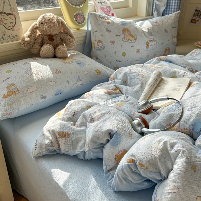 91家纺网 家纺一手货源 找家纺 柒月家居 2026新款云感皱皱纱小清新木棉四件套 萌宠宝贝