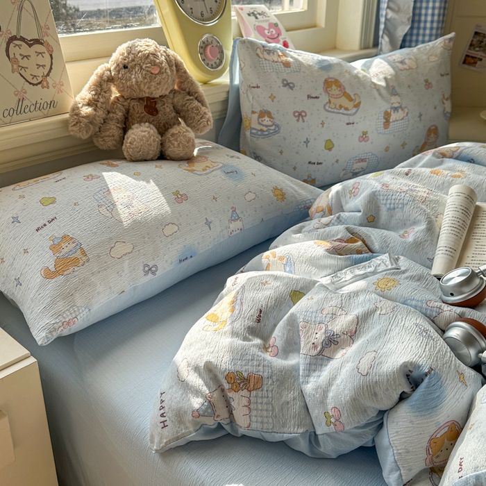 91家纺网 家纺一手货源 找家纺 柒月家居 2026新款云感皱皱纱小清新木棉四件套 萌宠宝贝