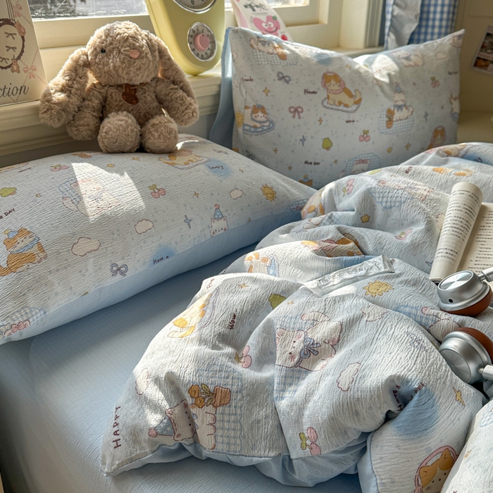 91家纺网 家纺一手货源 找家纺 柒月家居 2026新款云感皱皱纱小清新木棉四件套 萌宠宝贝