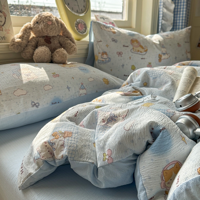 91家纺网 家纺一手货源 找家纺 柒月家居 2026新款云感皱皱纱小清新木棉四件套 萌宠宝贝