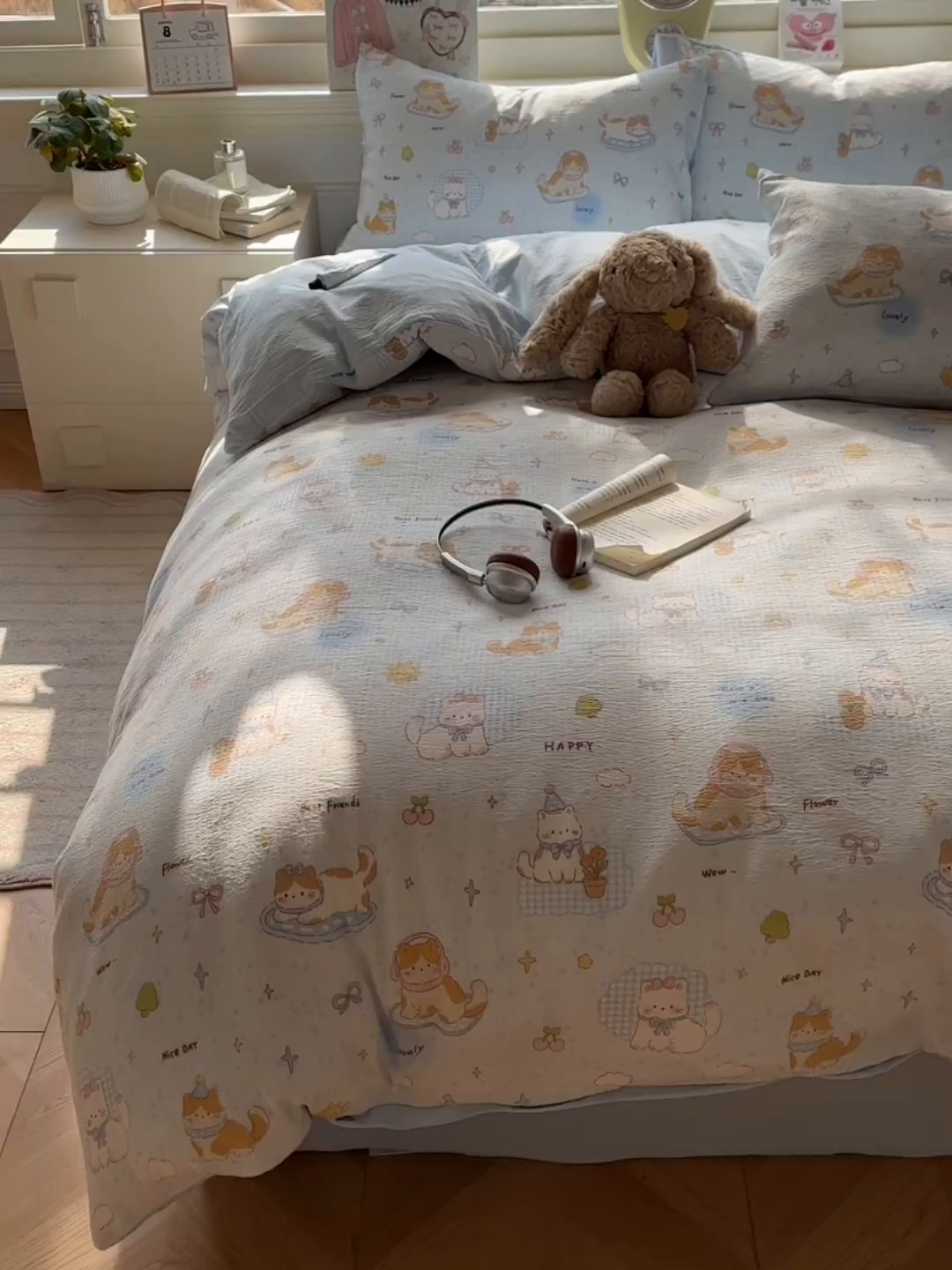 91家纺网 家纺一手货源 找家纺 柒月家居 2026新款云感皱皱纱小清新木棉四件套 萌宠宝贝