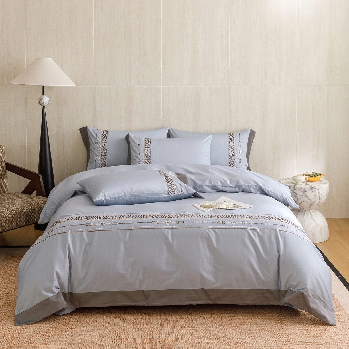 91家纺网 家纺一手货源 找家纺 艾莱家纺 2026新款A类长绒棉纯棉刺绣四件套-奢意 奢意-水波蓝