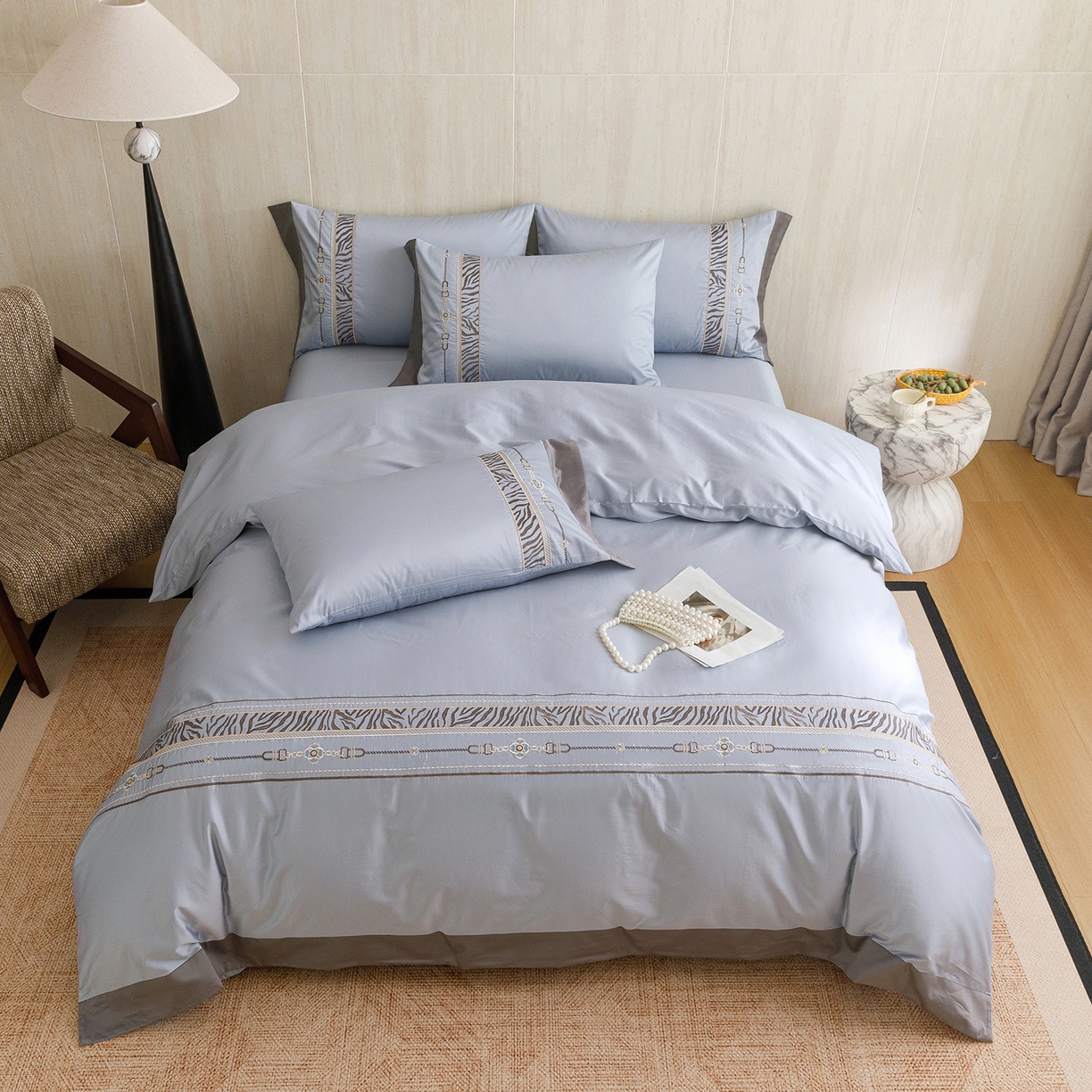 91家纺网 家纺一手货源 找家纺 艾莱家纺 2026新款A类长绒棉纯棉刺绣四件套-奢意 奢意-水波蓝