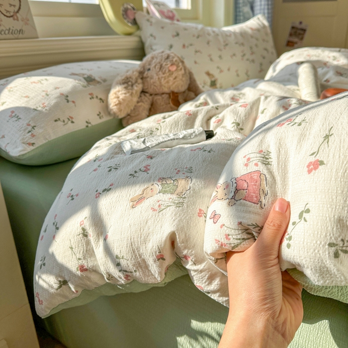 柒月家居 2026新款云感皱皱纱小清新木棉四件套 米菲兔