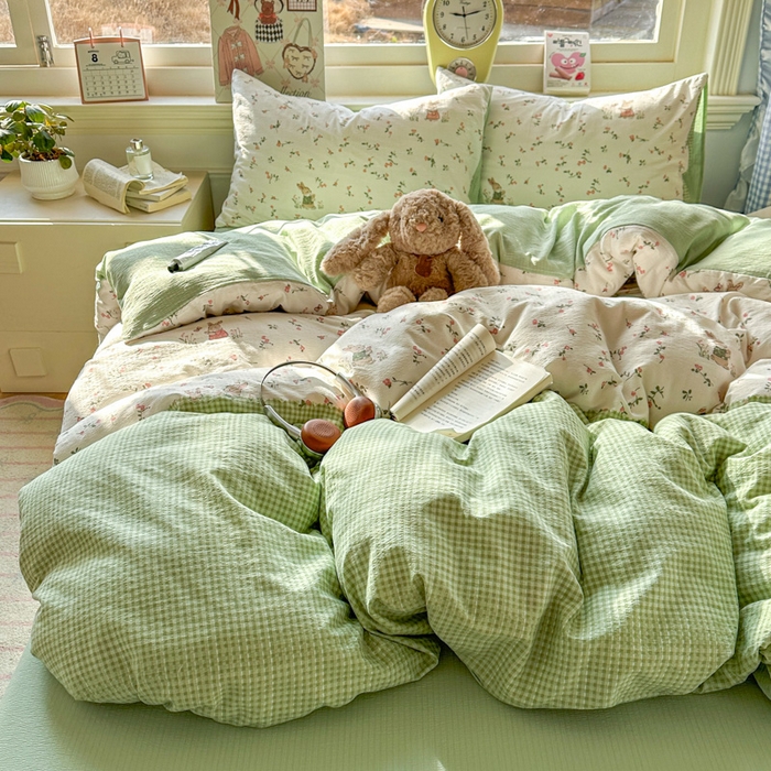 91家纺网 家纺一手货源 找家纺 柒月家居 2026新款云感皱皱纱小清新木棉四件套 米菲兔