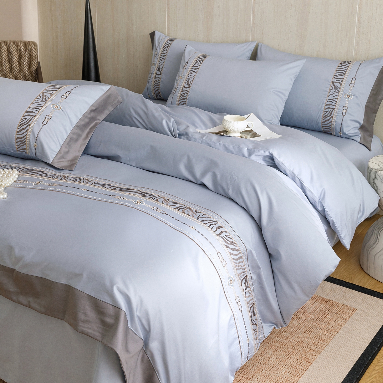 艾莱家纺 2026新款A类长绒棉纯棉刺绣四件套-奢意 奢意-水波蓝