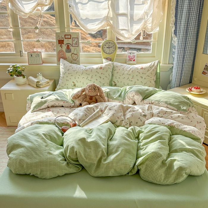 91家纺网 家纺一手货源 找家纺 柒月家居 2026新款云感皱皱纱小清新木棉四件套 米菲兔