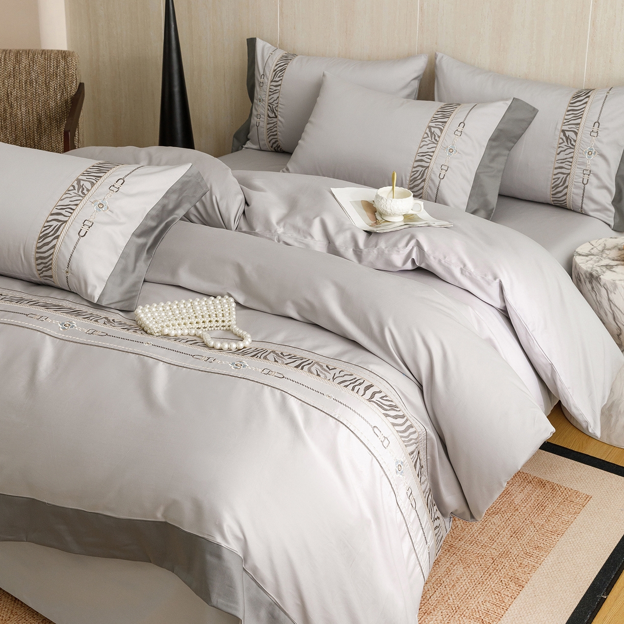 艾莱家纺 2026新款A类长绒棉纯棉刺绣四件套-奢意 奢意-紫灰