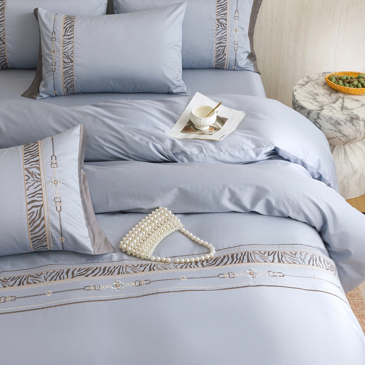 91家纺网 家纺一手货源 找家纺 艾莱家纺 2026新款A类长绒棉纯棉刺绣四件套-奢意 奢意-水波蓝