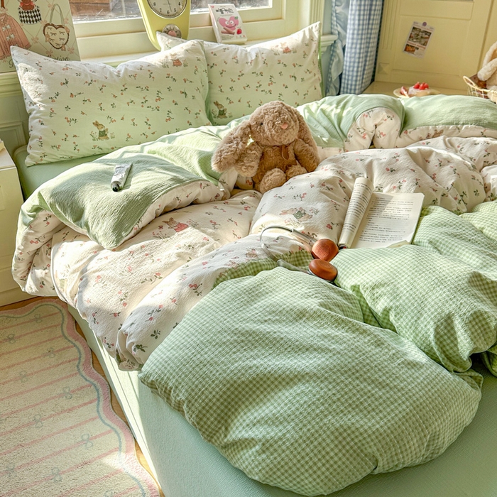 91家纺网 家纺一手货源 找家纺 柒月家居 2026新款云感皱皱纱小清新木棉四件套 米菲兔