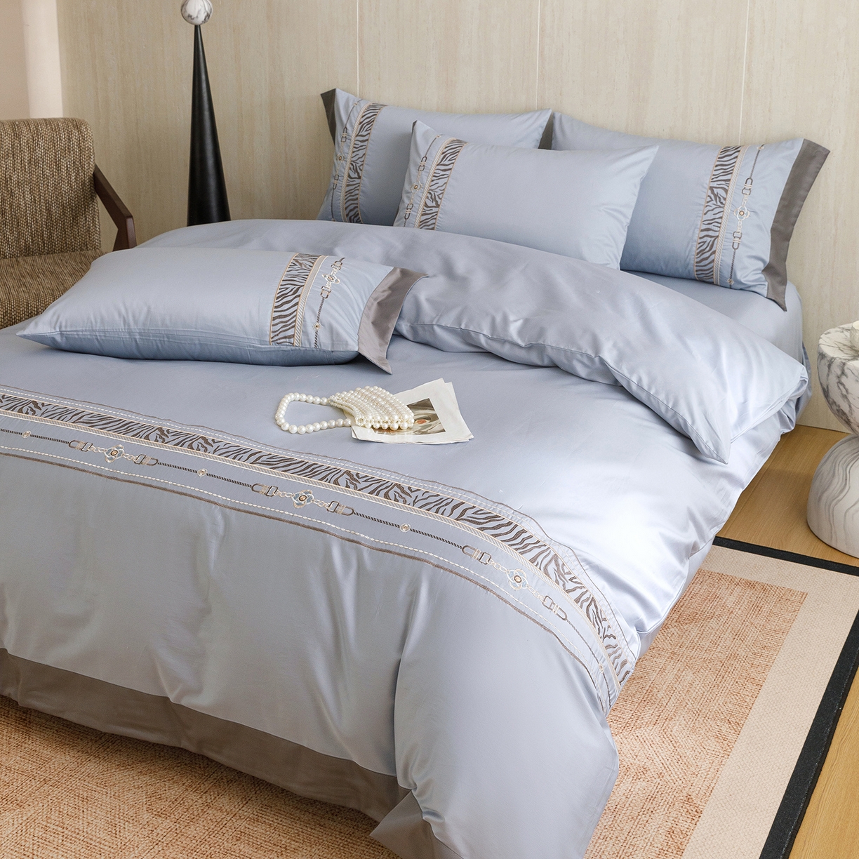 91家纺网 家纺一手货源 找家纺 艾莱家纺 2026新款A类长绒棉纯棉刺绣四件套-奢意 奢意-水波蓝