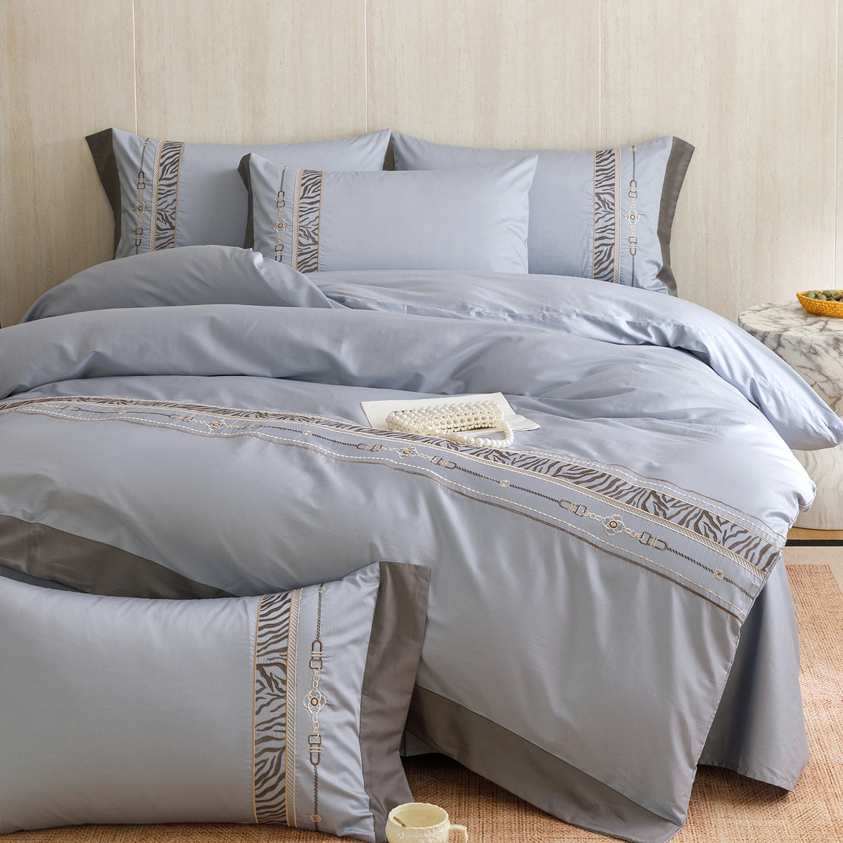 91家纺网 家纺一手货源 找家纺 艾莱家纺 2026新款A类长绒棉纯棉刺绣四件套-奢意 奢意-水波蓝