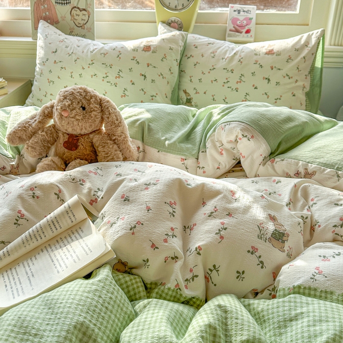 91家纺网 家纺一手货源 找家纺 柒月家居 2026新款云感皱皱纱小清新木棉四件套 米菲兔