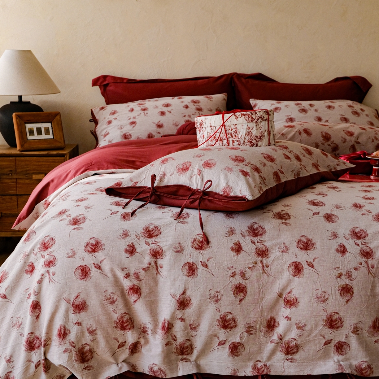 91家纺网 家纺一手货源 找家纺 涞澳家纺 2026新款全棉纯棉色织提花（婚庆）四件套 轻红漫花