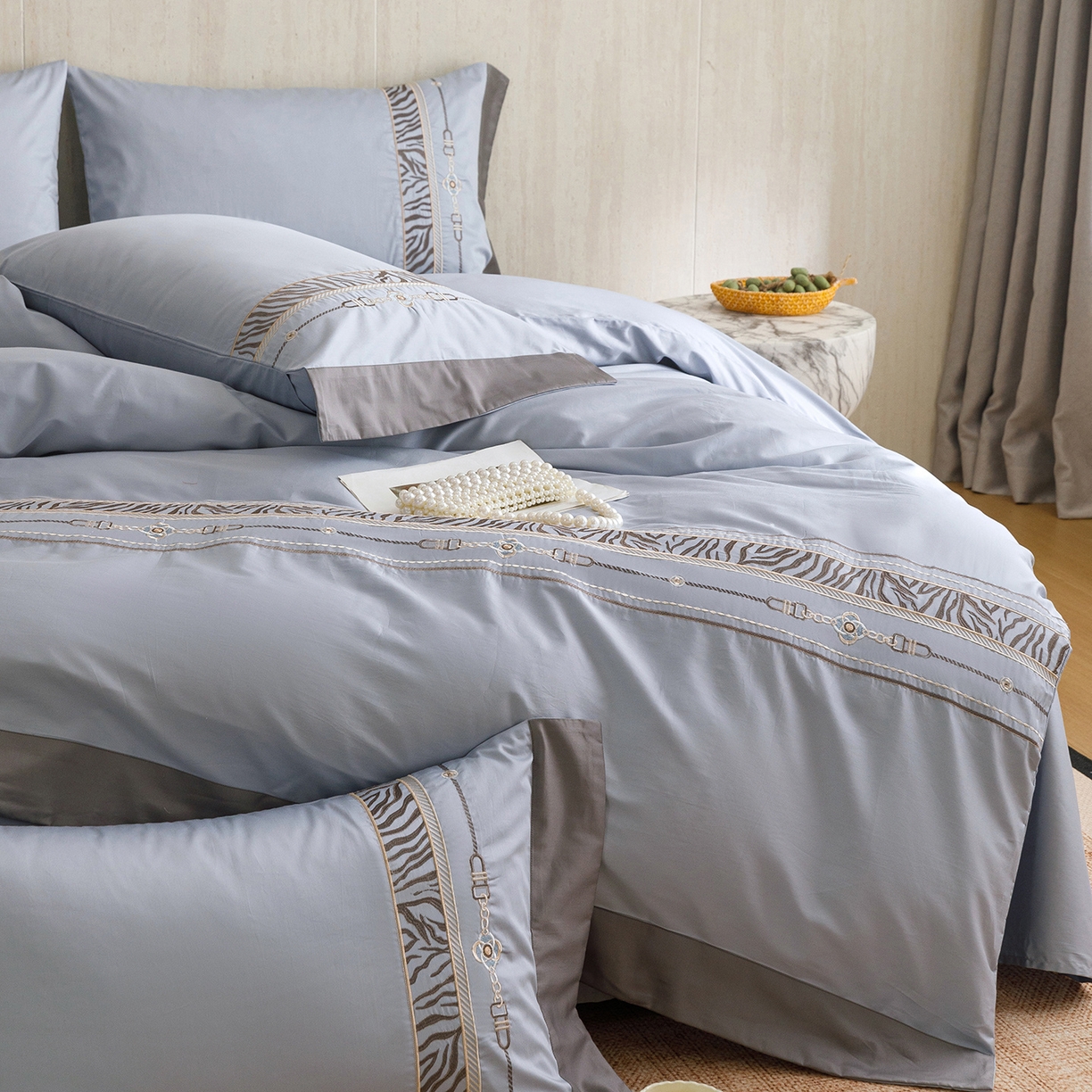 91家纺网 家纺一手货源 找家纺 艾莱家纺 2026新款A类长绒棉纯棉刺绣四件套-奢意 奢意-水波蓝