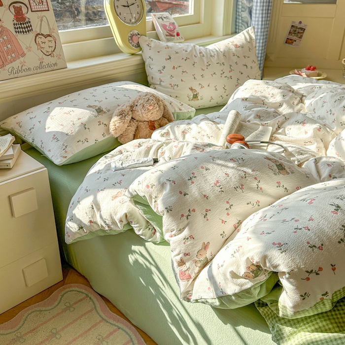 91家纺网 家纺一手货源 找家纺 柒月家居 2026新款云感皱皱纱小清新木棉四件套 米菲兔