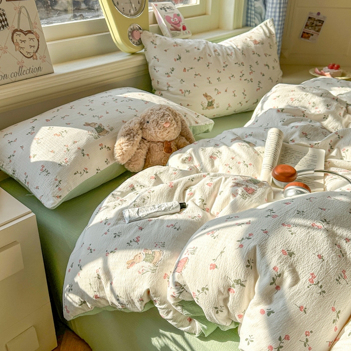 91家纺网 家纺一手货源 找家纺 柒月家居 2026新款云感皱皱纱小清新木棉四件套 米菲兔