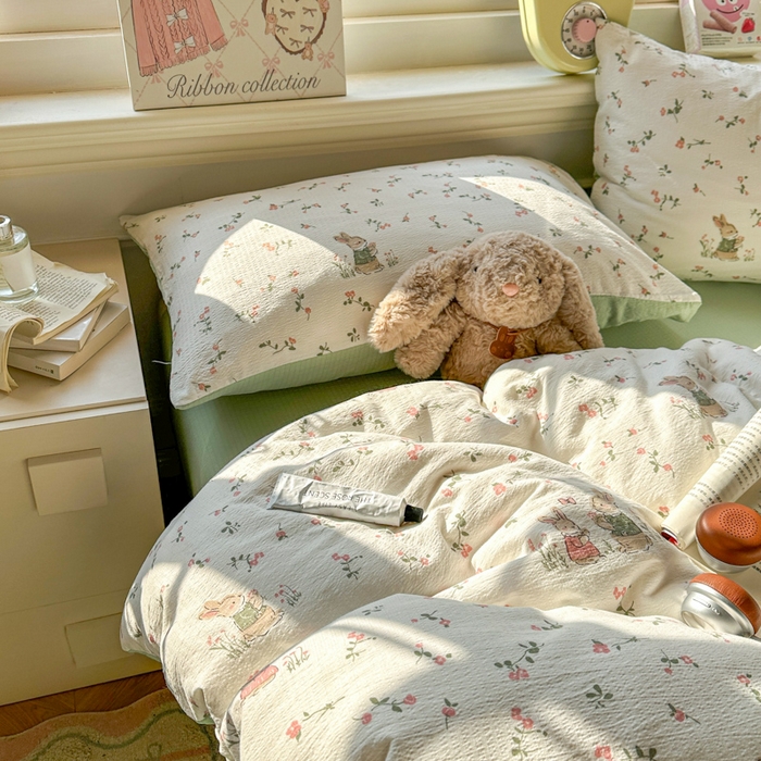 91家纺网 家纺一手货源 找家纺 柒月家居 2026新款云感皱皱纱小清新木棉四件套 米菲兔