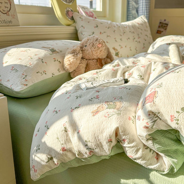 91家纺网 家纺一手货源 找家纺 柒月家居 2026新款云感皱皱纱小清新木棉四件套 米菲兔