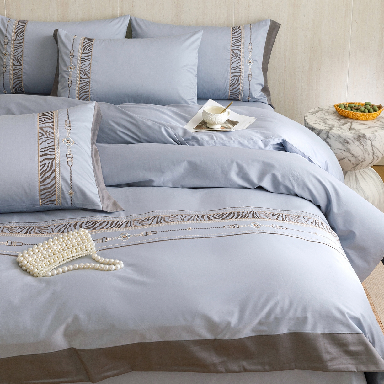 91家纺网 家纺一手货源 找家纺 艾莱家纺 2026新款A类长绒棉纯棉刺绣四件套-奢意 奢意-水波蓝