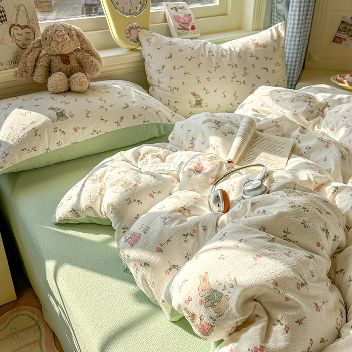 91家纺网 家纺一手货源 找家纺 柒月家居 2026新款云感皱皱纱小清新木棉四件套 米菲兔