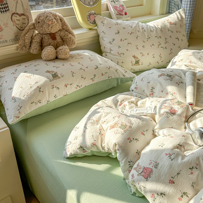 91家纺网 家纺一手货源 找家纺 柒月家居 2026新款云感皱皱纱小清新木棉四件套 米菲兔