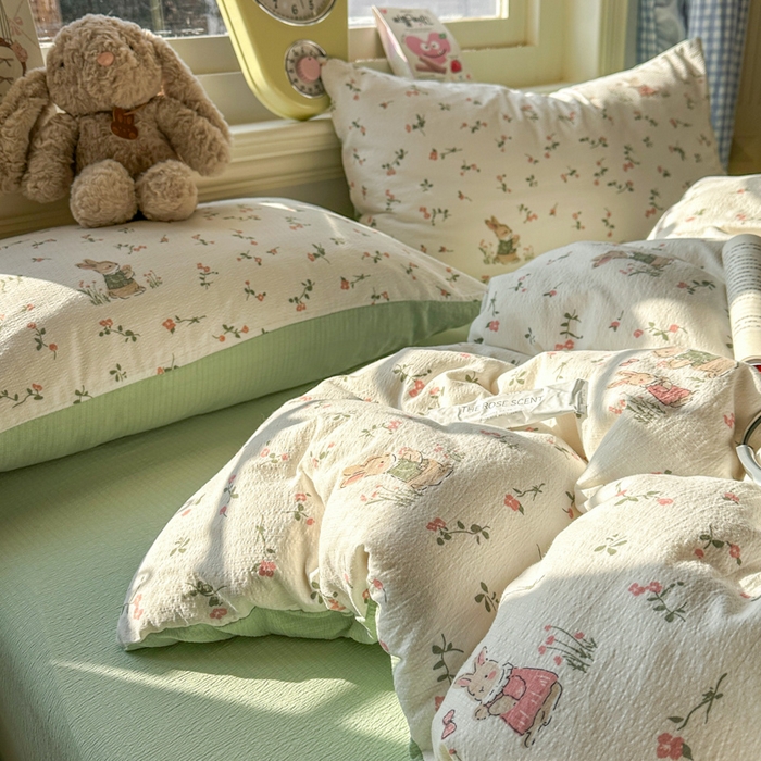 91家纺网 家纺一手货源 找家纺 柒月家居 2026新款云感皱皱纱小清新木棉四件套 米菲兔