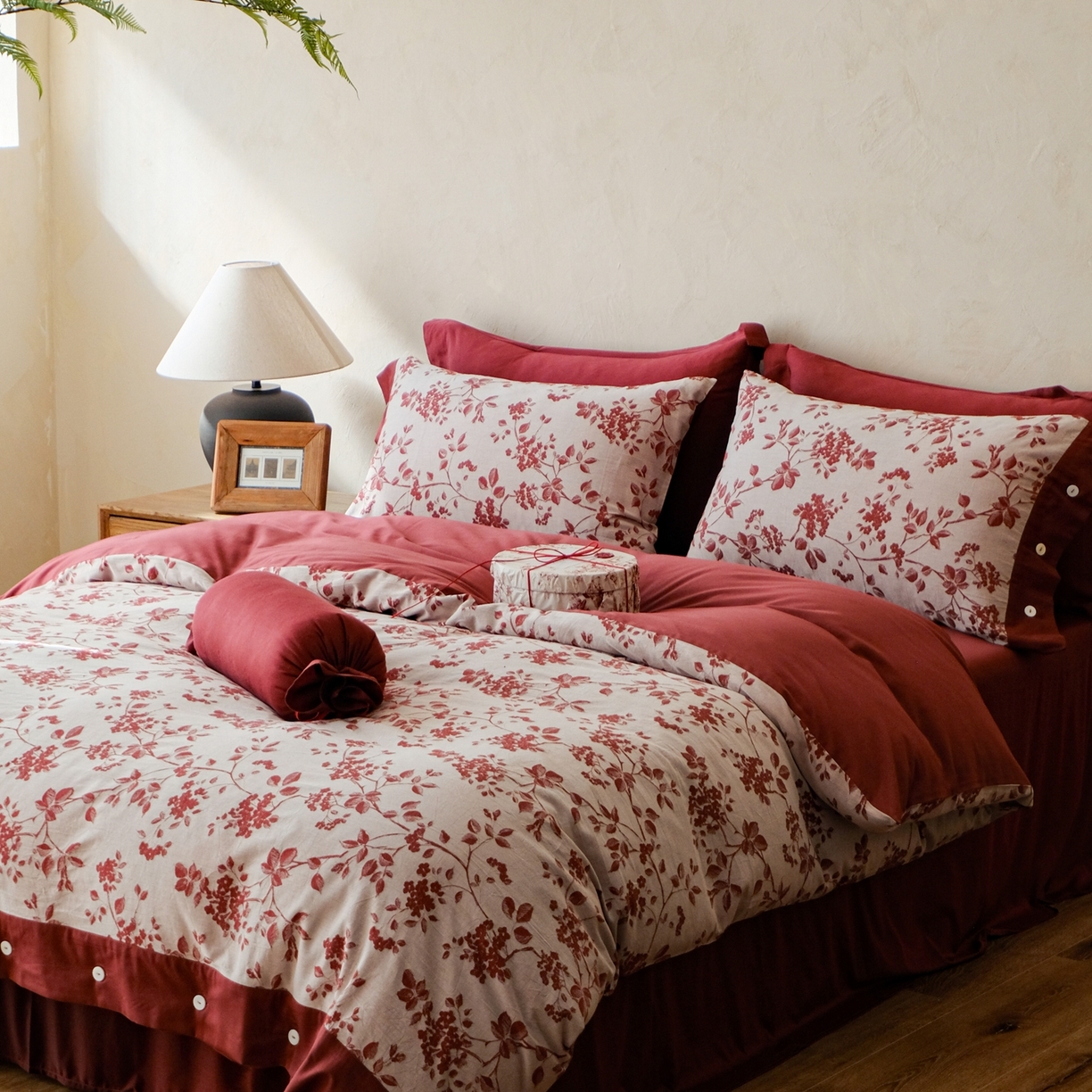 91家纺网 家纺一手货源 找家纺 涞澳家纺 2026新款全棉纯棉色织提花（婚庆）四件套 朱砂暖眠