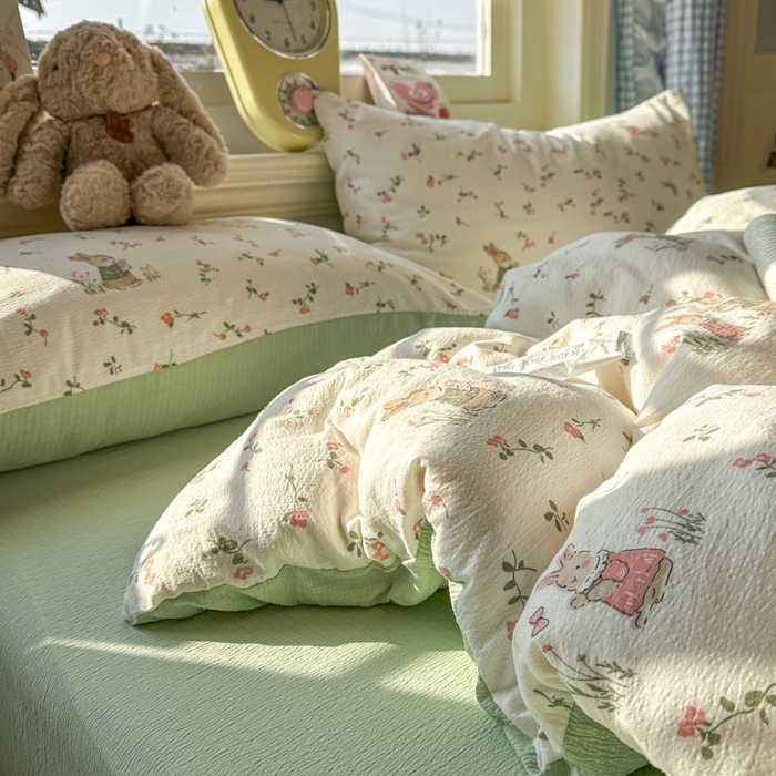 91家纺网 家纺一手货源 找家纺 柒月家居 2026新款云感皱皱纱小清新木棉四件套 米菲兔