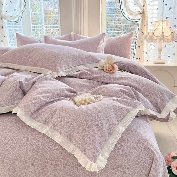 91家纺网 家纺一手货源 找家纺 巧玲珑 2026春夏新款新疆棉磨毛花边工艺款四件套 繁花-紫