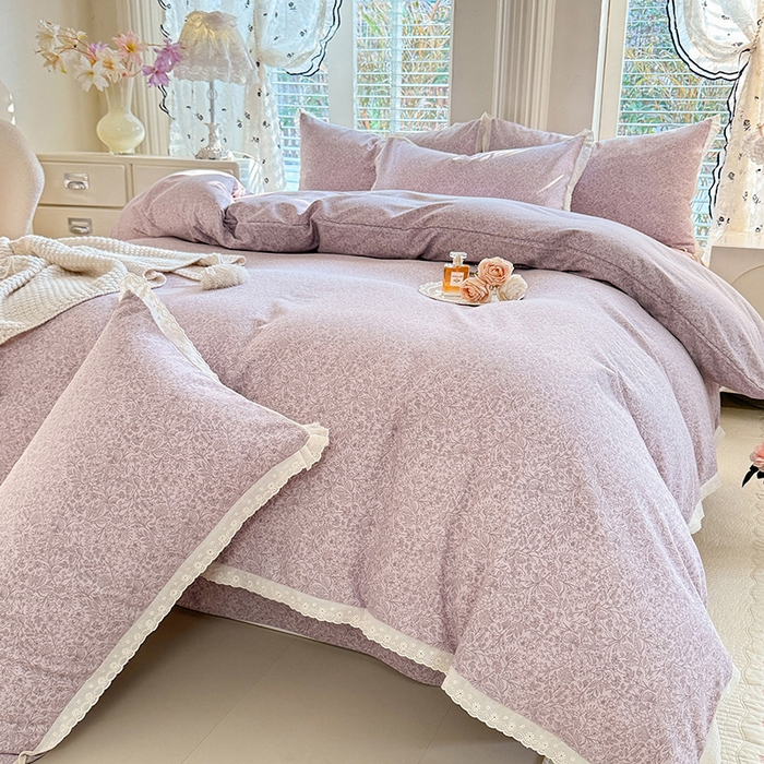 巧玲珑 2026春夏新款新疆棉磨毛花边工艺款四件套 繁花-紫