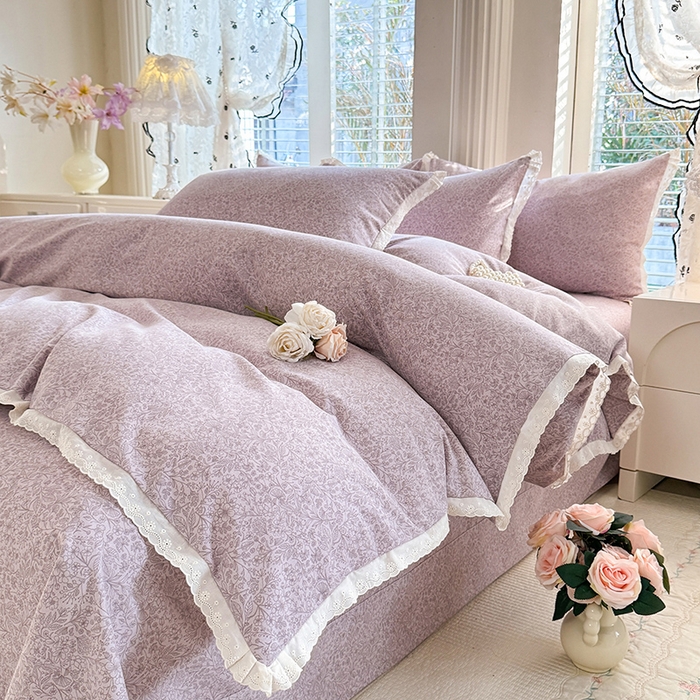 91家纺网 家纺一手货源 找家纺 巧玲珑 2026春夏新款新疆棉磨毛花边工艺款四件套 繁花-紫