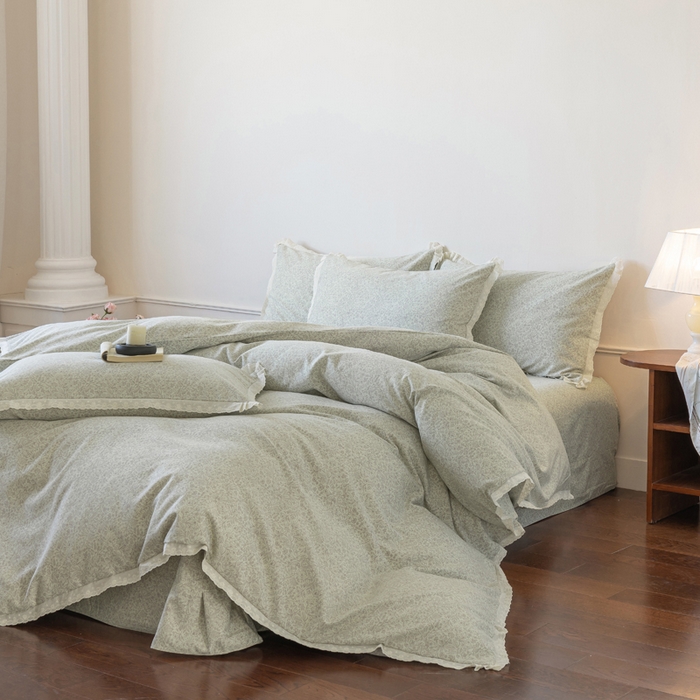 91家纺网 家纺一手货源 找家纺 巧玲珑 2026春夏新款新疆棉磨毛花边工艺款四件套 青禾-草绿