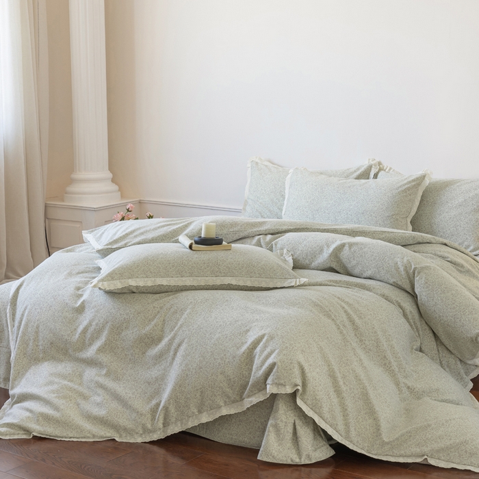 91家纺网 家纺一手货源 找家纺 巧玲珑 2026春夏新款新疆棉磨毛花边工艺款四件套 青禾-草绿