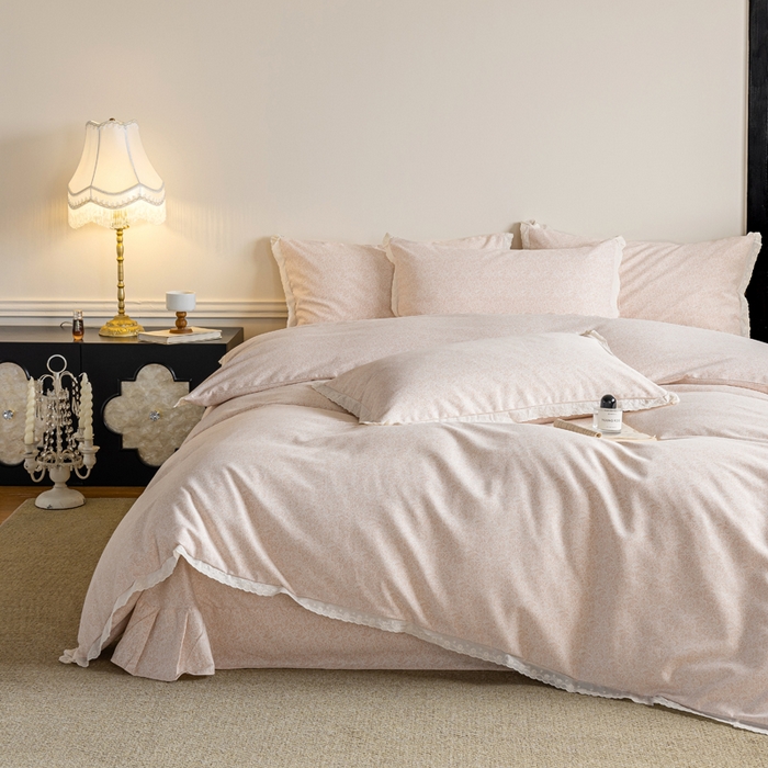 巧玲珑 2026春夏新款新疆棉磨毛花边工艺款四件套 繁花-粉