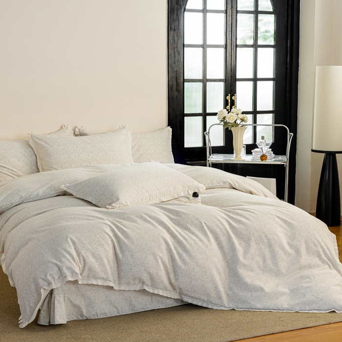 91家纺网 家纺一手货源 找家纺 巧玲珑 2026春夏新款新疆棉磨毛花边工艺款四件套 繁花-卡其