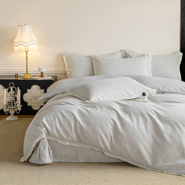 巧玲珑 2026春夏新款新疆棉磨毛花边工艺款四件套 繁花-灰