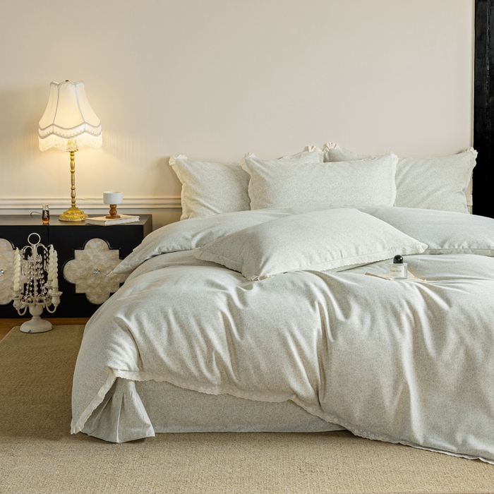 巧玲珑 2026春夏新款新疆棉磨毛花边工艺款四件套 繁花-草绿