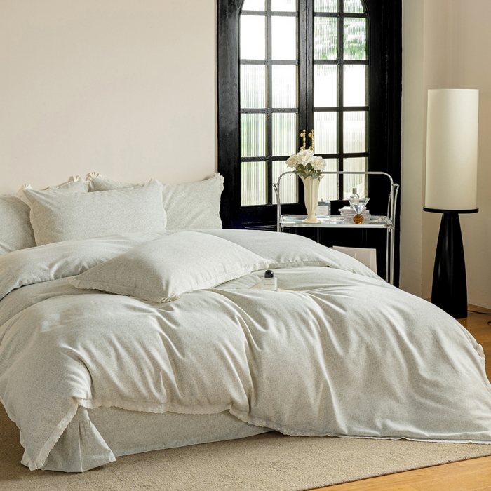 91家纺网 家纺一手货源 找家纺 巧玲珑 2026春夏新款新疆棉磨毛花边工艺款四件套 繁花-草绿