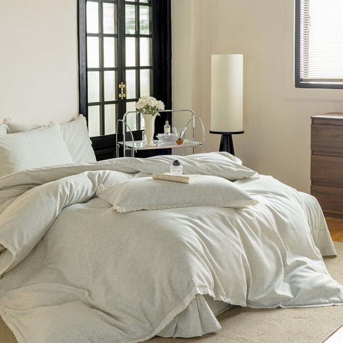 91家纺网 家纺一手货源 找家纺 巧玲珑 2026春夏新款新疆棉磨毛花边工艺款四件套 繁花-草绿