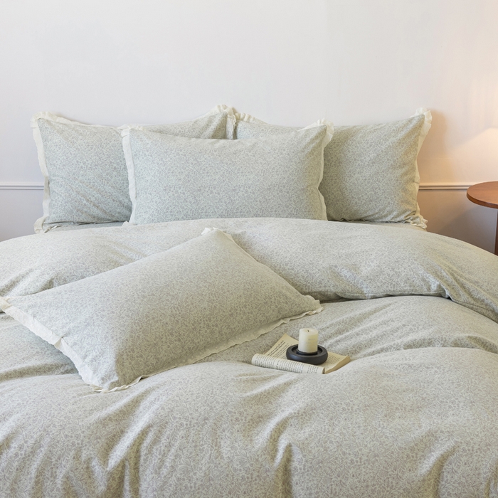 91家纺网 家纺一手货源 找家纺 巧玲珑 2026春夏新款新疆棉磨毛花边工艺款四件套 青禾-草绿