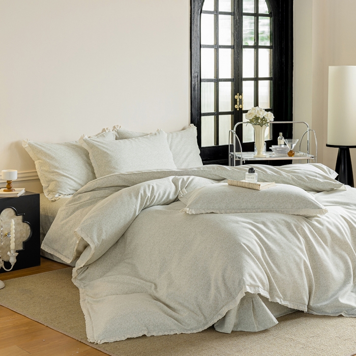 91家纺网 家纺一手货源 找家纺 巧玲珑 2026春夏新款新疆棉磨毛花边工艺款四件套 繁花-草绿