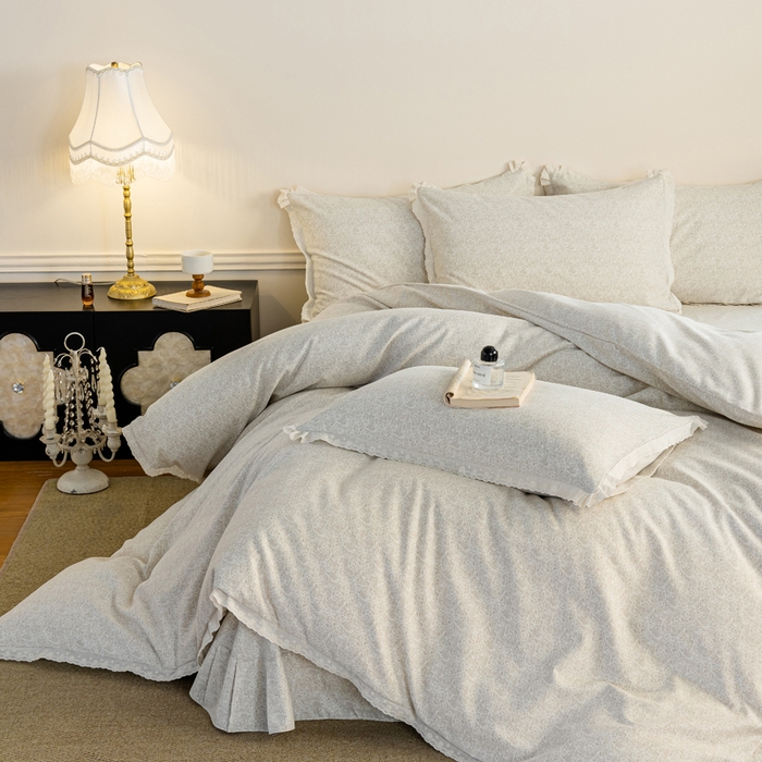 91家纺网 家纺一手货源 找家纺 巧玲珑 2026春夏新款新疆棉磨毛花边工艺款四件套 繁花-卡其